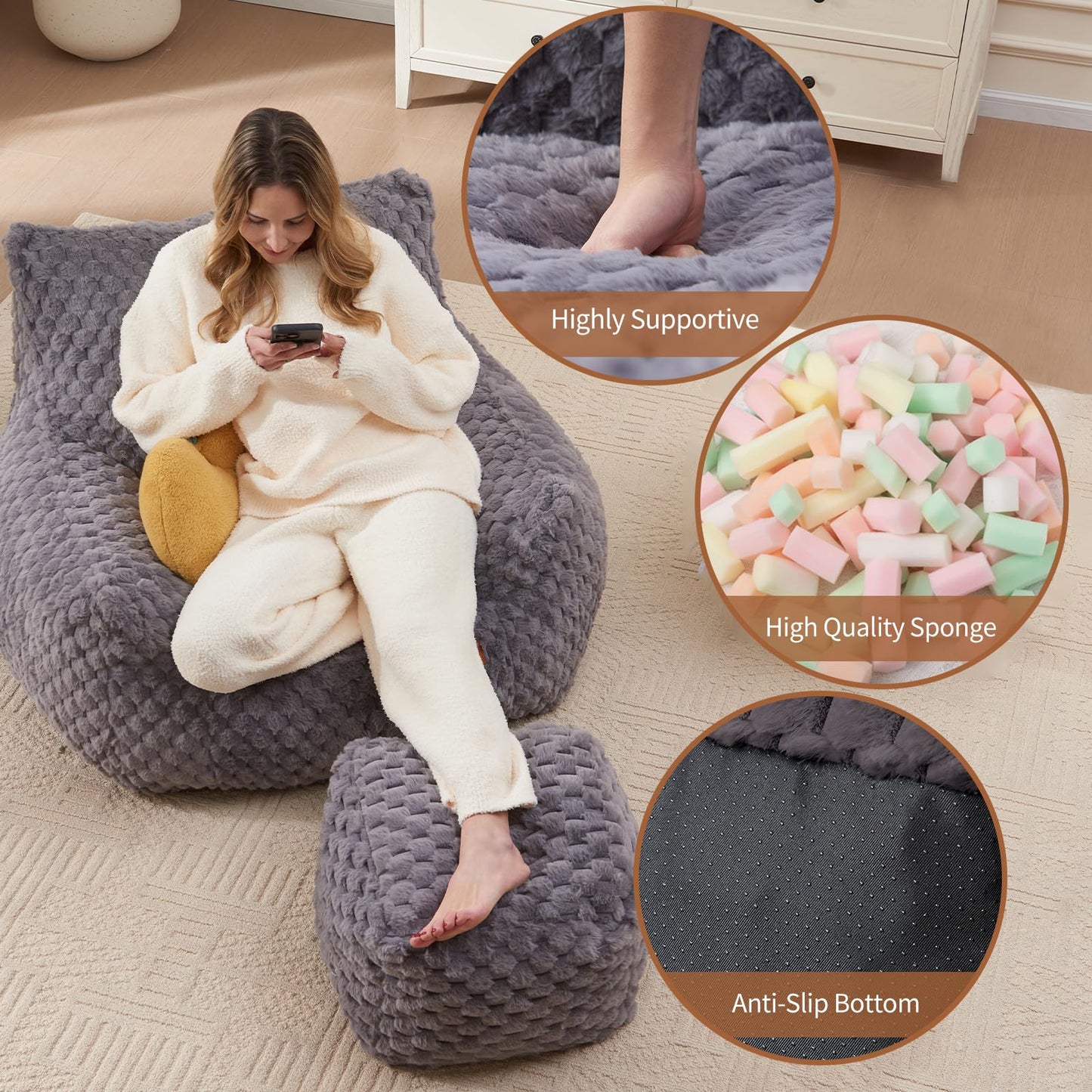Gaming Chair Comfy Bean Bag Couch Sofa Chair for Bedroom, Modern Faux Fur Reading Bean Bag Chairs for Adults Teens, Living Room Adult Bean Bag Chair with Footrest