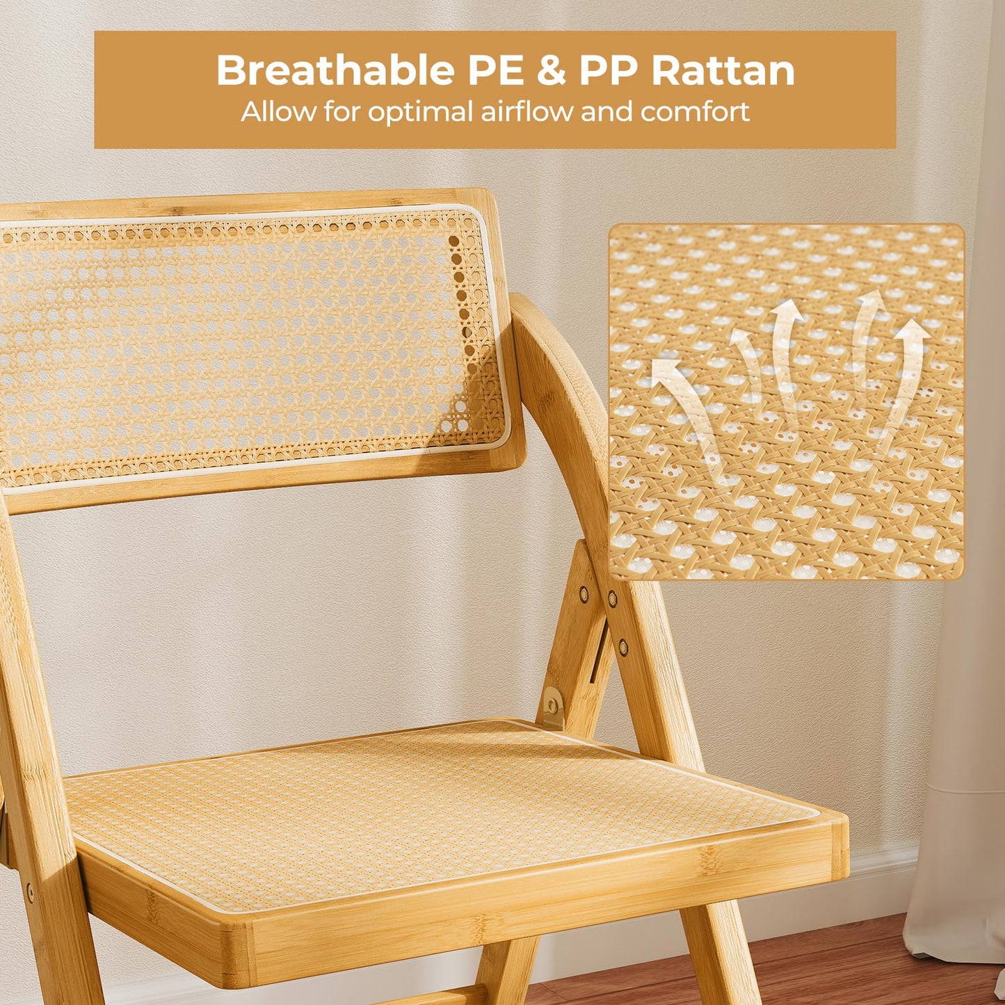 Giantex Rattan Folding Chairs Set of 2, Bamboo Dining Chairs with Rotatable Backrests, Max Load 330 lbs, Boho Kitchen Side Chair for Living Room, Restaurant, No Assembly, Natural
