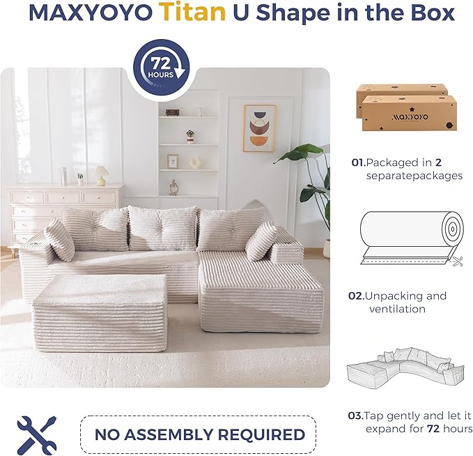 MAXYOYO 104" U-Shaped Modular Sectional Couch, Modern Boneless Couch for Living Room, Sofa in A Box, Oversized Sofa Sleeper with Deep Seat, No Assembly Required, Grayish Beige