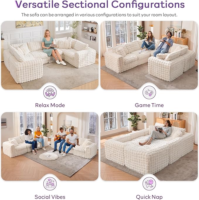 TYBOATLE 135’’ Boneless Slow-Rebound Memory Foam Couch, Cloud Sectional Couches for Living Room w/Upgraded Fabric, Deep Seat Comfy Fluffy U Shaped Modular Sectional Sofa w/Chaise, Beige