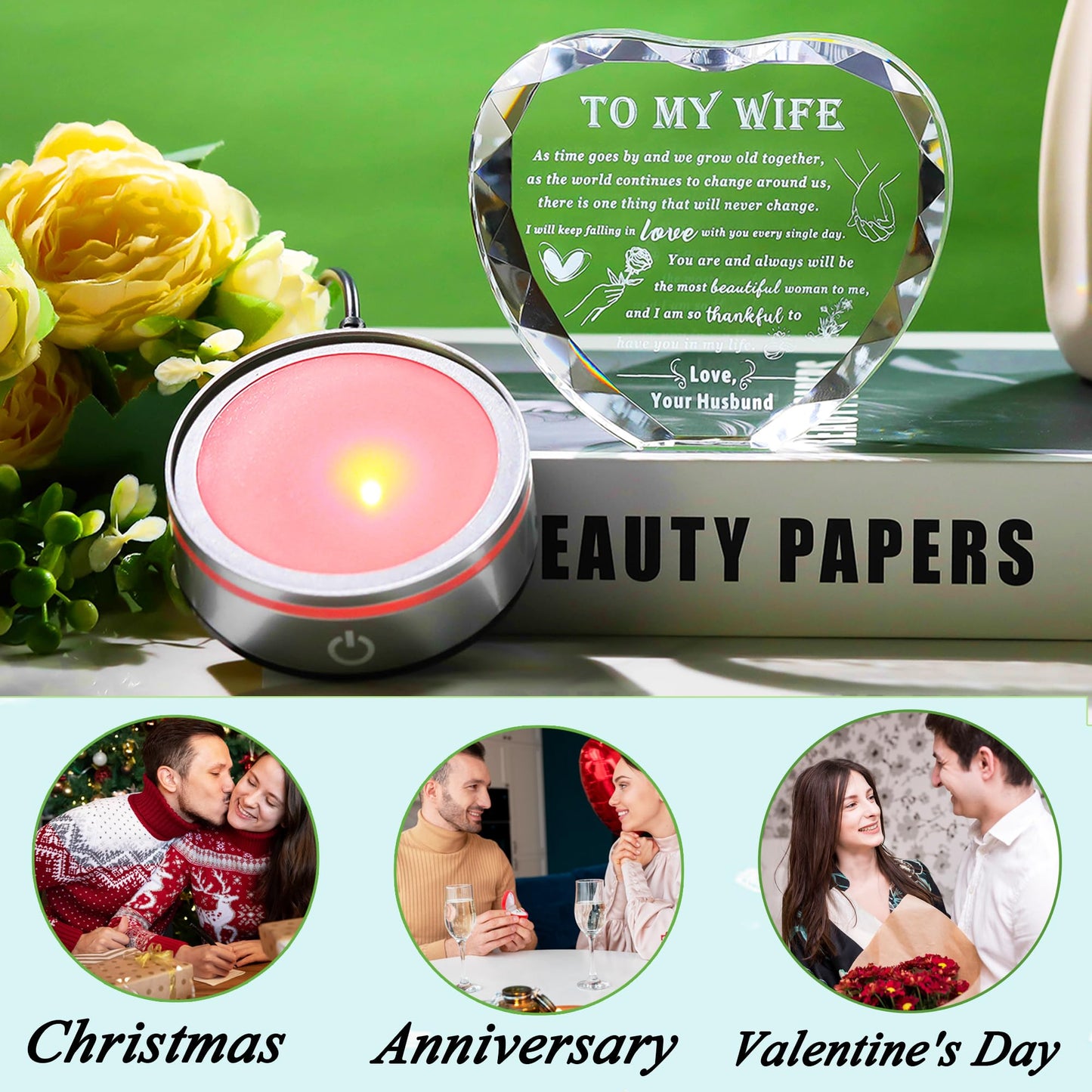 Qianwei Romantic Gifts for Wife with Colorful LED Base - Heart Crystal Unique Gifts for Anniversary, Birthday, Valentine's Day