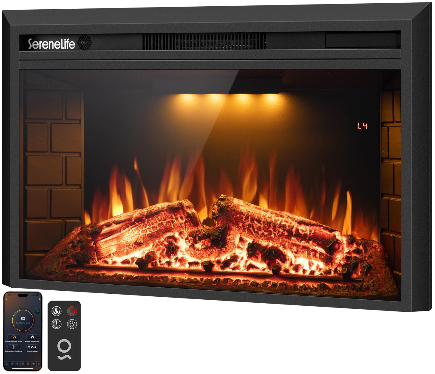 SereneLife Electric Fireplace Heater with LED Flame & Log Effects, Smart Wi-Fi, Touch Screen Panel, Remote Control, 3 Color Flame Modes, Wall Mounted Fire Place, Quiet Operation, Overheat Protection
