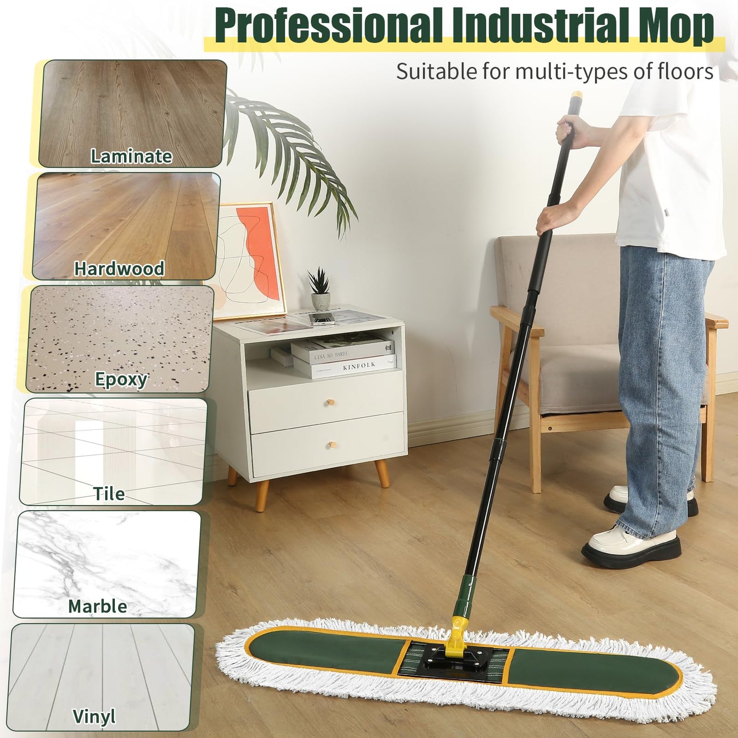 36" Commercial Dust Mop for Floor Cleaning with Replacement Mop Pads, Heavy Duty Industrial Large Floor Wet Dry Mop for Cleaning Office Garage Hardwood Warehouse Factory Mall