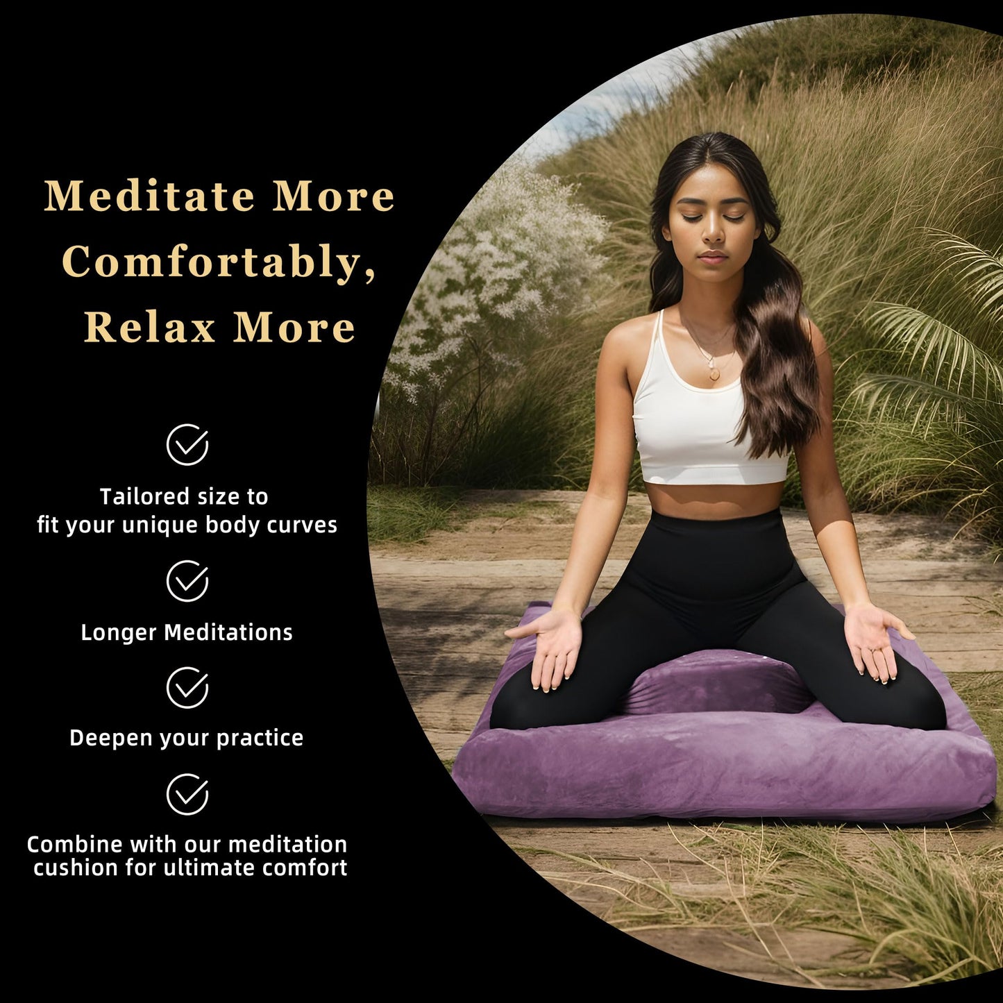 hunnidspace Meditation Zafu Cushion Set with Buckwheat Hulls & Memory Foam - Ergonomic Support for Yoga & Sitting - Removable Machine-Washable Luxury Velvet Cover - for Adults and Kids (Purple)