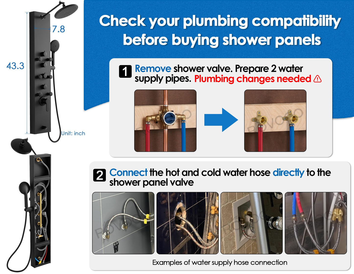 ROVOGO Shower Panel Tower System, 4-Function (Rain Shower, Handheld Sprayer, Body Jets, Tub Spout) with Simultaneous Use Option, Stainless Steel Shower Column with Adjustable Head, Black