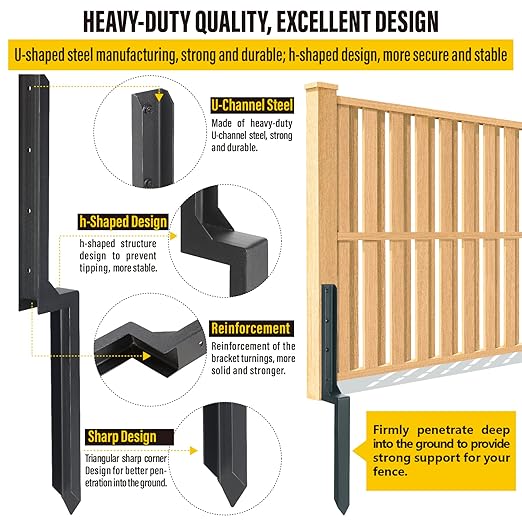 Epcee Heavy Duty Steel Repair Stakes, Anchor Ground Spike, for Repair Tilted/Broken Wood Fence Post (2 Pack/Black）