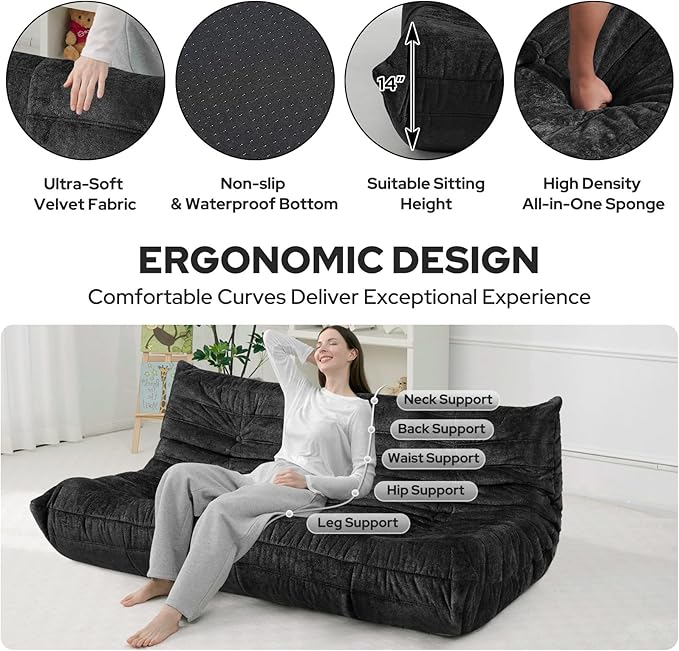 HABUTWAY Bean Bag Chair, Giant Bean Bag Chairs for Adults, 3 Seater Fireside Chair, Lazy Large Floor Bean Bag Sofa for Living Room, Bedroom, Dorm, Office (Black)