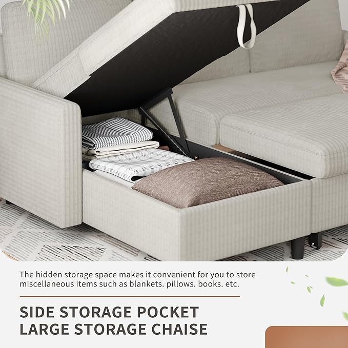 Nuturelly Sectional Sofa Couch Bed L Shaped Sleeper Sofa Bed Pull Out Bed with Storage, Reversible Sectional Couches for Living Room, Apartment, Office(White)