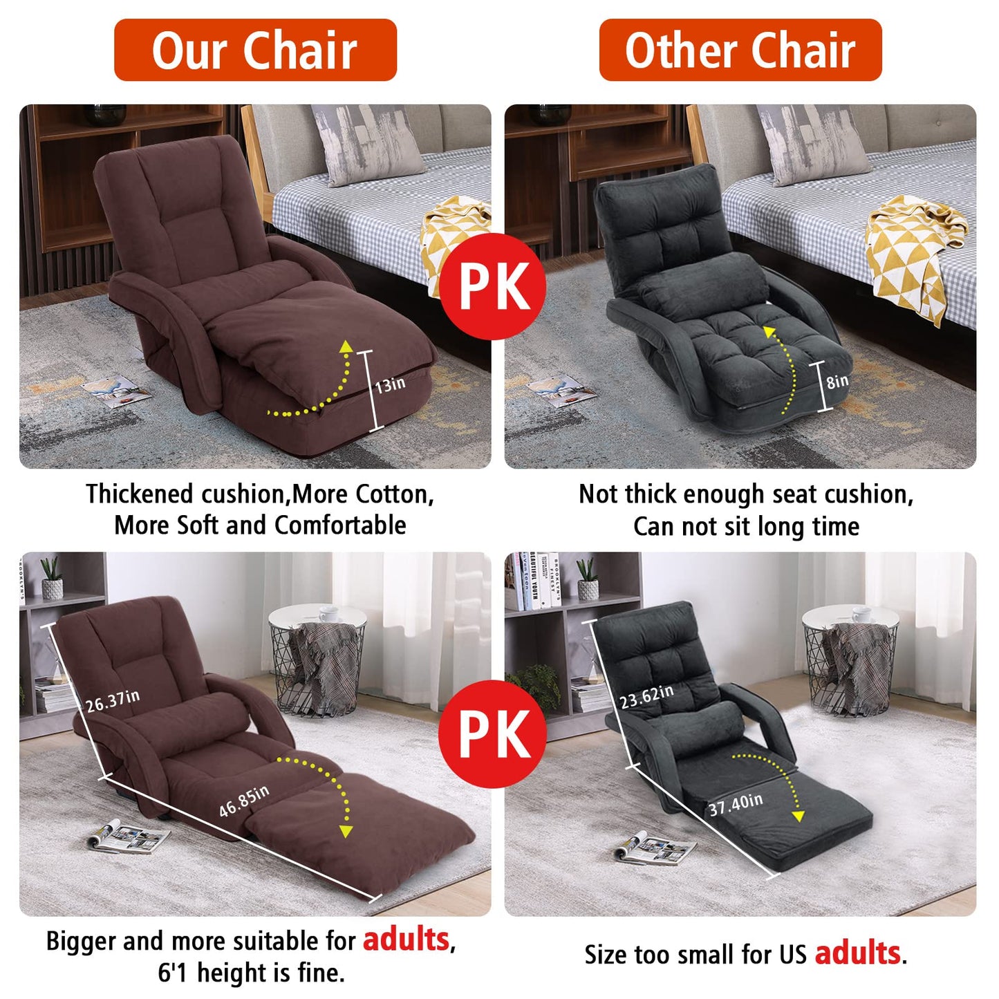 DeeLyan Foldable Lazy Sofa Bed 14-Position Adjustable Comfy Floor Chair Chaise Lounge with Armrests and Pillow with Gaming Recliner for Adults Kids with Foot Rest Futon Sofa (Brown)