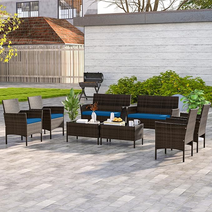 RELAX4LIFE 8-Piece Patio Furniture Set - Rattan Outdoor Conversation Bistro Set w/Cushions, Glass Coffee Table, Wicker Chairs & Loveseat for Garden Backyard Porch, Balcony Furniture Set (2, Peacock)
