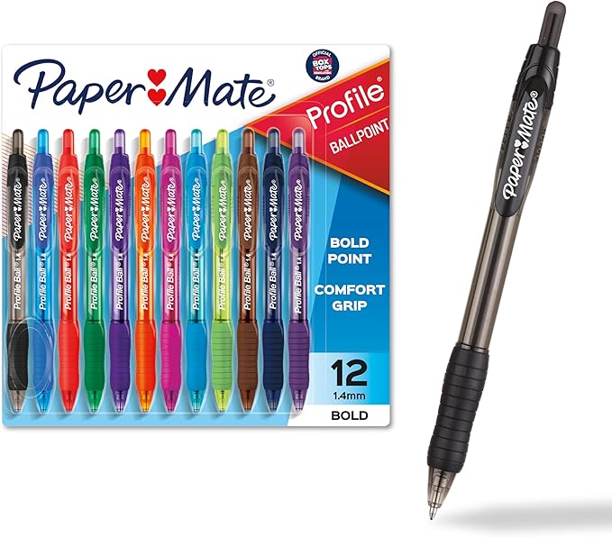 Paper Mate Profile Retractable Ballpoint Pens Bold, 1.4mm, Assorted Colors, 12 Count - Back to School, Home, Office, Teach...