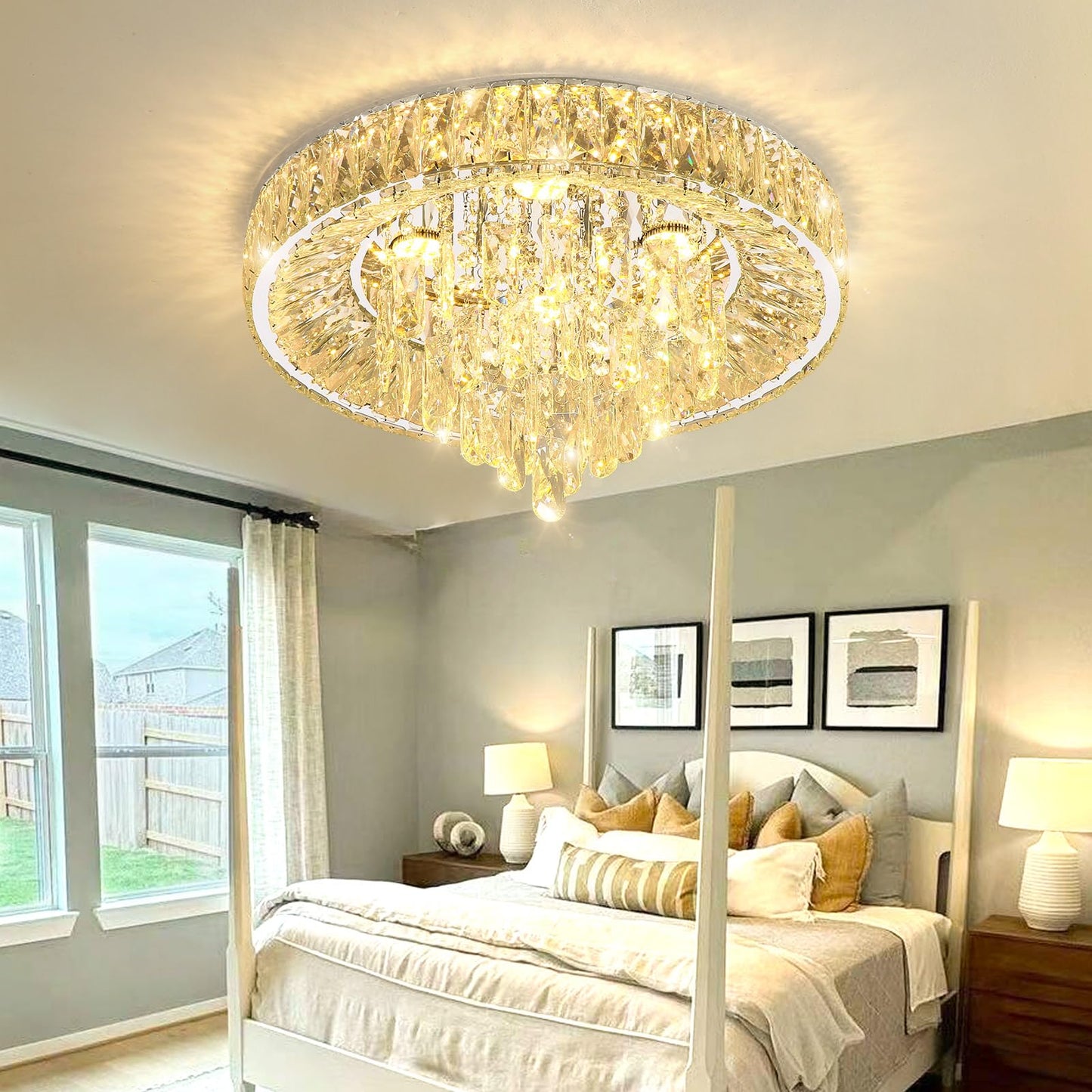 dolria Modern Crystal Chandeliers for Dining Room LED Light Fixture Close to Ceiling Chandelier Flush Mount Ceiling Light Dimmable Lamp with Remote for Living Room Bedroom Hallway 2700K 6000K