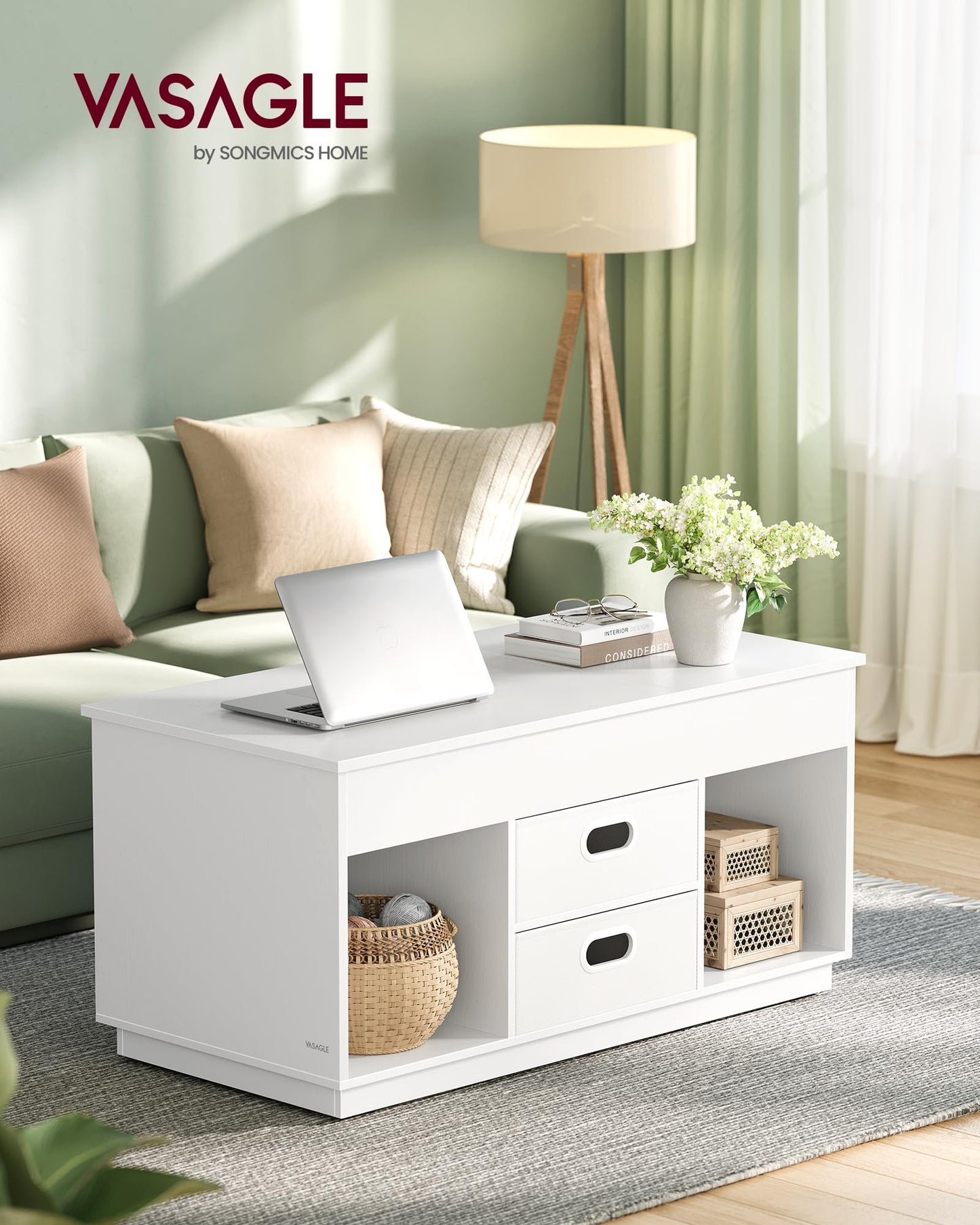 VASAGLE Coffee Table, Lift Top Coffee Table with 2 Drawers and Hidden Compartments, Center Table with Lift Tabletop, Open Compartments, for Living Room, Home Office, Snow White ULCT210W01