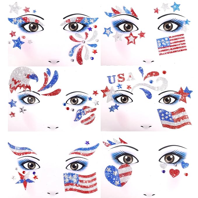 Yosca 6Pcs Independence Day Face Stickers, Red White Blue Temporary Tattoos for 4th of July Patriotic Glitter Makeup, Self Adhesive Star Face Art Sticker for Memorial Day Veterans Day USA Flag Party