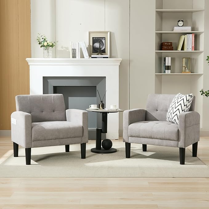 TYBOATLE Accent Chair Sets of 2 Living Room Chairs Cozy Tufted Mid Century Modern Chairs with Arms for Bedroom Comfy Reading Arm Chair Small Chairs for Small Spaces Living Room Office (2, Light Grey)