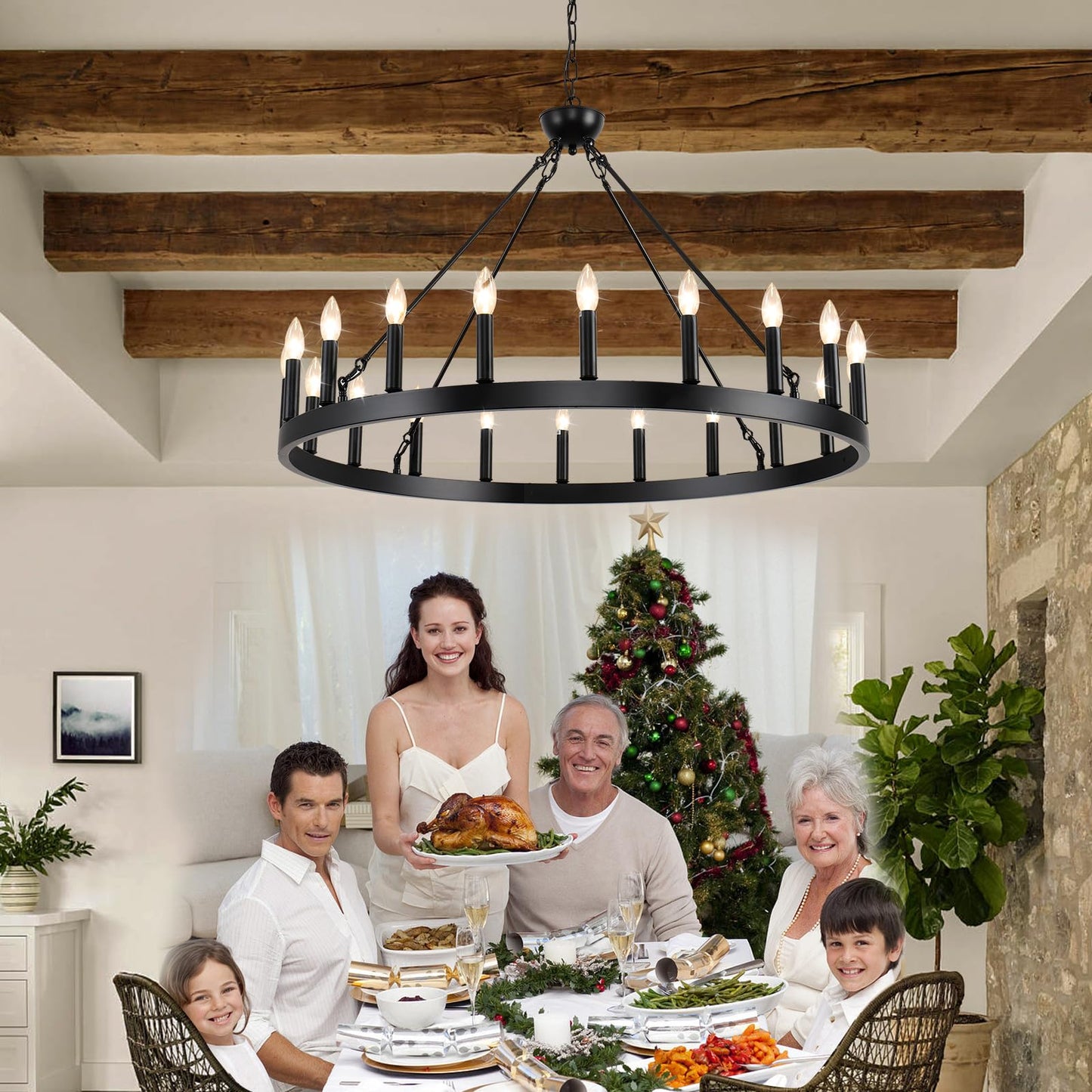 VBKK Wagon Wheel Chandeliers 40" 20-Light, Black Modern Farmhouse Chandelier with Adjustable Height, Hanging Island Light Fixture for Dining Living Ceiling Room Outdoor