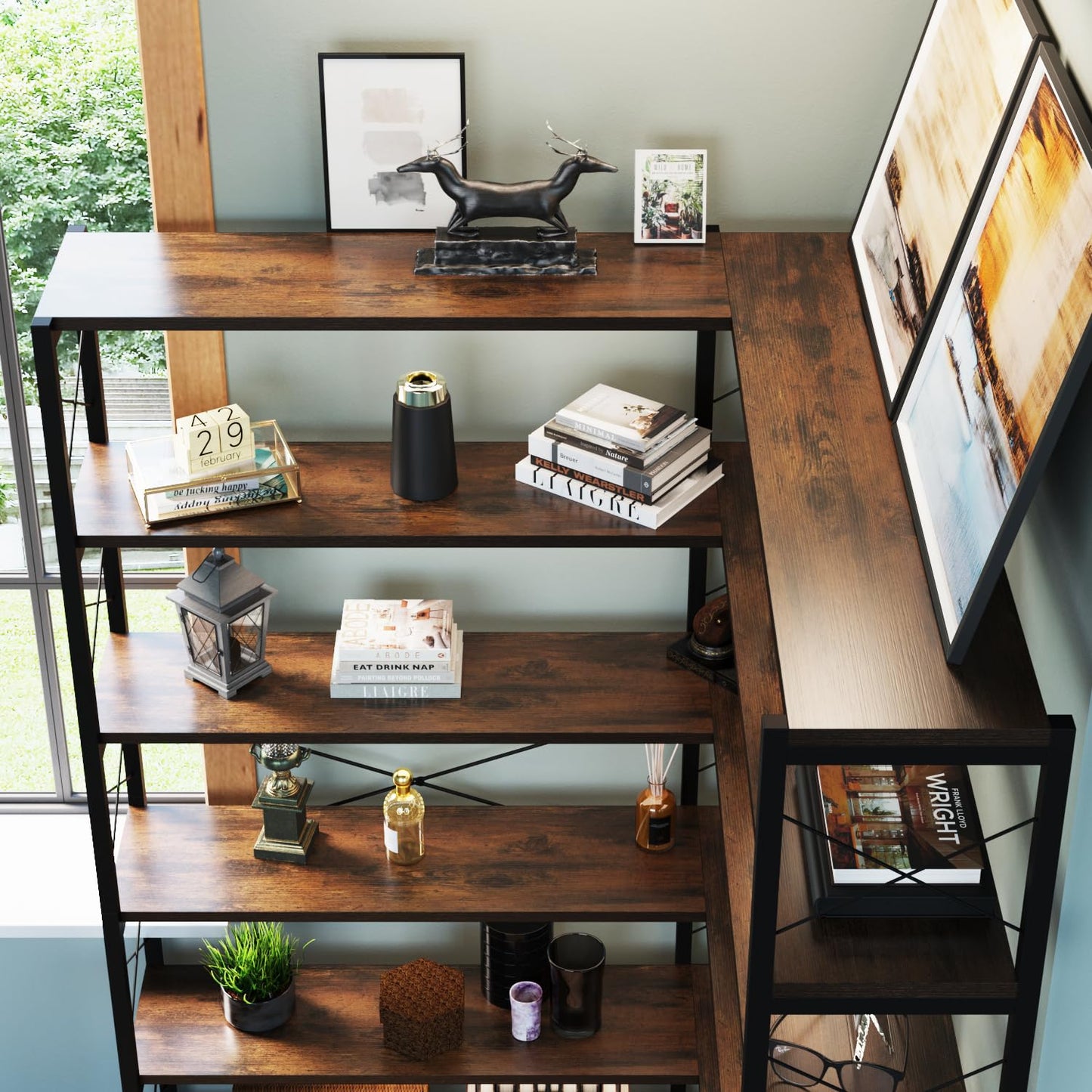 GLAUBIO Large 6 Tier Industrial Corner Bookshelf with Storage Cabinet,L Shaped Bookcase with Doors, Tall Corner Plant Stand, Tall Bookshelf for Living Room, Home Office（Brown Wood）