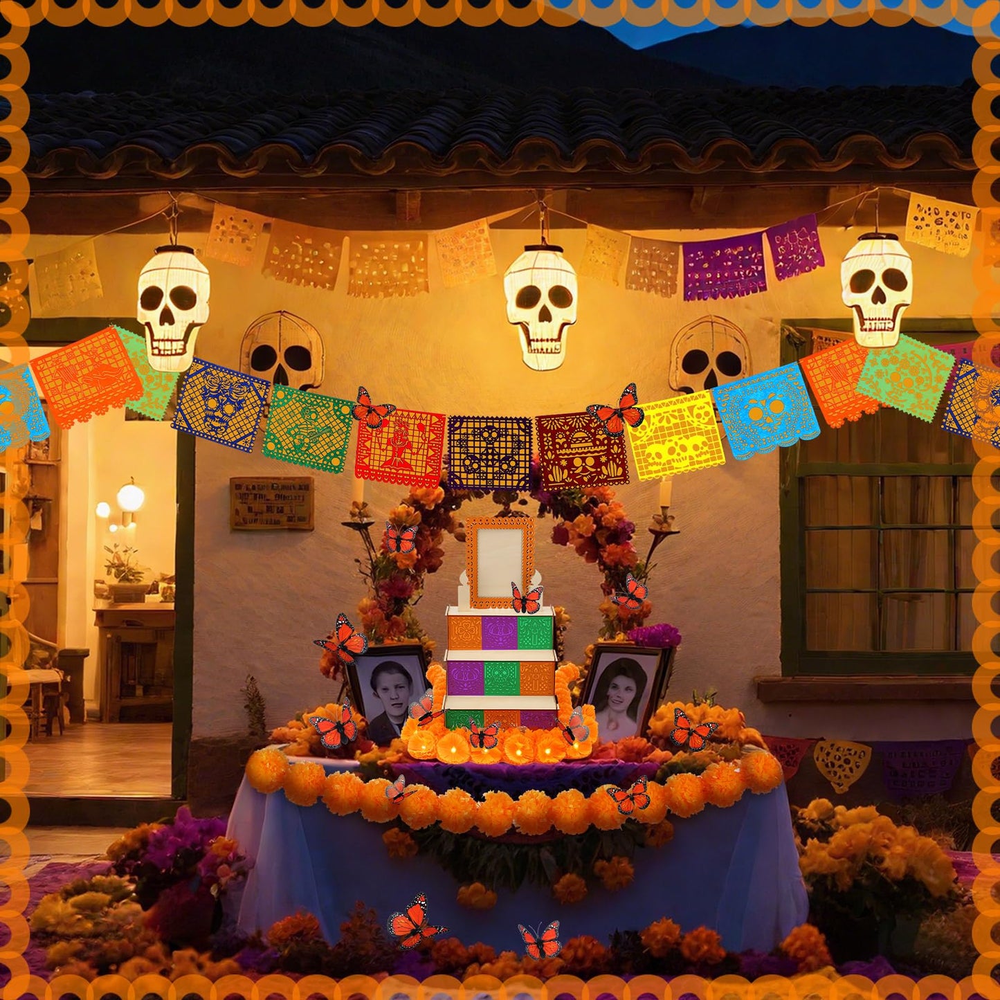 Colingmill 76 Pcs Dia De Los Muertos Decorations Set Ofrenda Altar Wooden Shadow Box Day of The Dead Banners Light up Marigold Mexican Papel Picado Butterfly Hanging Garlands for Altar Decor Supplies