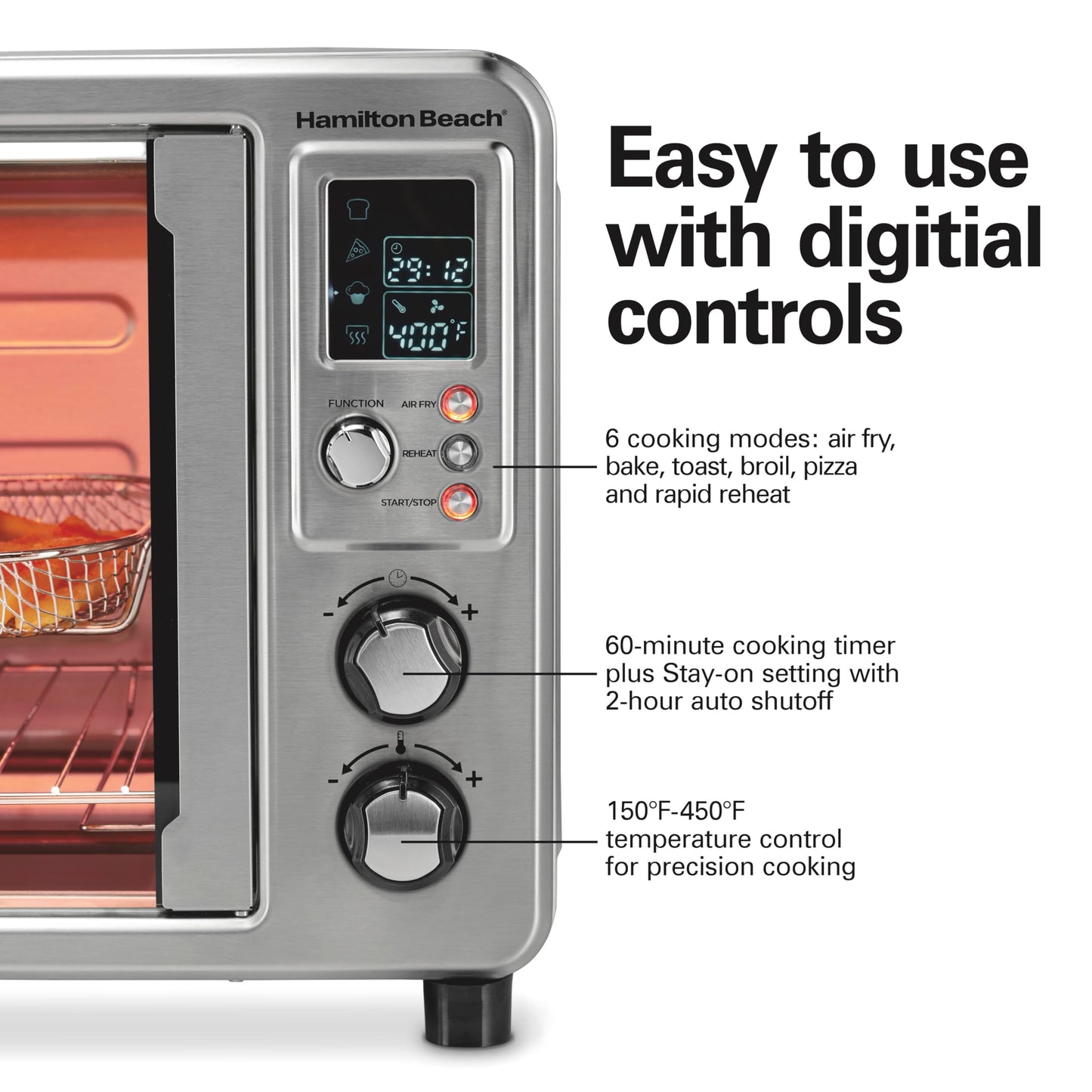 Hamilton Beach Sure Crisp 6-in-1 XL Digital Air Fryer Toaster Oven Combo, With Easy-Access French Doors, Bake, Broil, Toast, Pizza & Reheat Functions, 0.9 cu. ft. Capacity, Stainless Steel (31191)