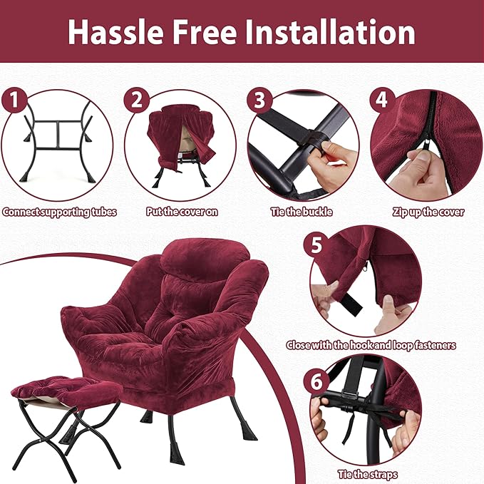 Youtanic Lazy Chair with Folding Ottoman, Accent Chair Plush Upholstered with Metal Structure and Non-Slip Pads, Sofa Armchair with Footrest and Side Storage Bag for Dorm, Room, Office, Rose Red