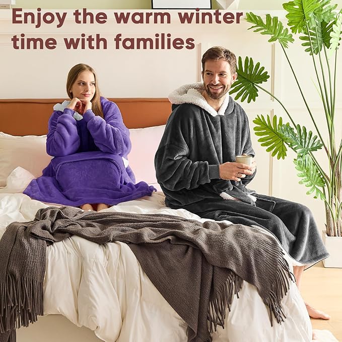 yescool Wearable Blanket Hoodie, Flannel Sherpa Fleece Blanket Sweatshirt for Adults Women Men,One Size Fits All