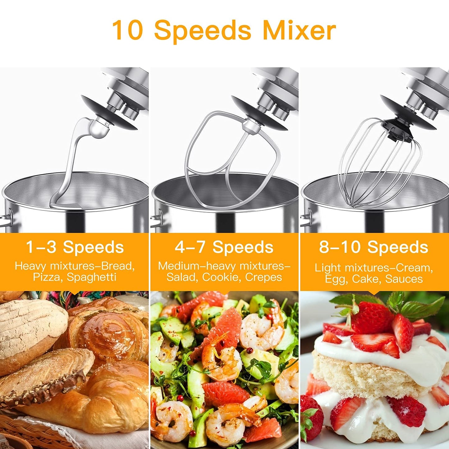 Stand Mixer 7.5QT 10-Speed 660W Tilt-Head Kitchen Electric Food Cake Mixer with Stainless Steel Bowl, Whisk, Dough Hook, Beater & Splash Guard, Silver