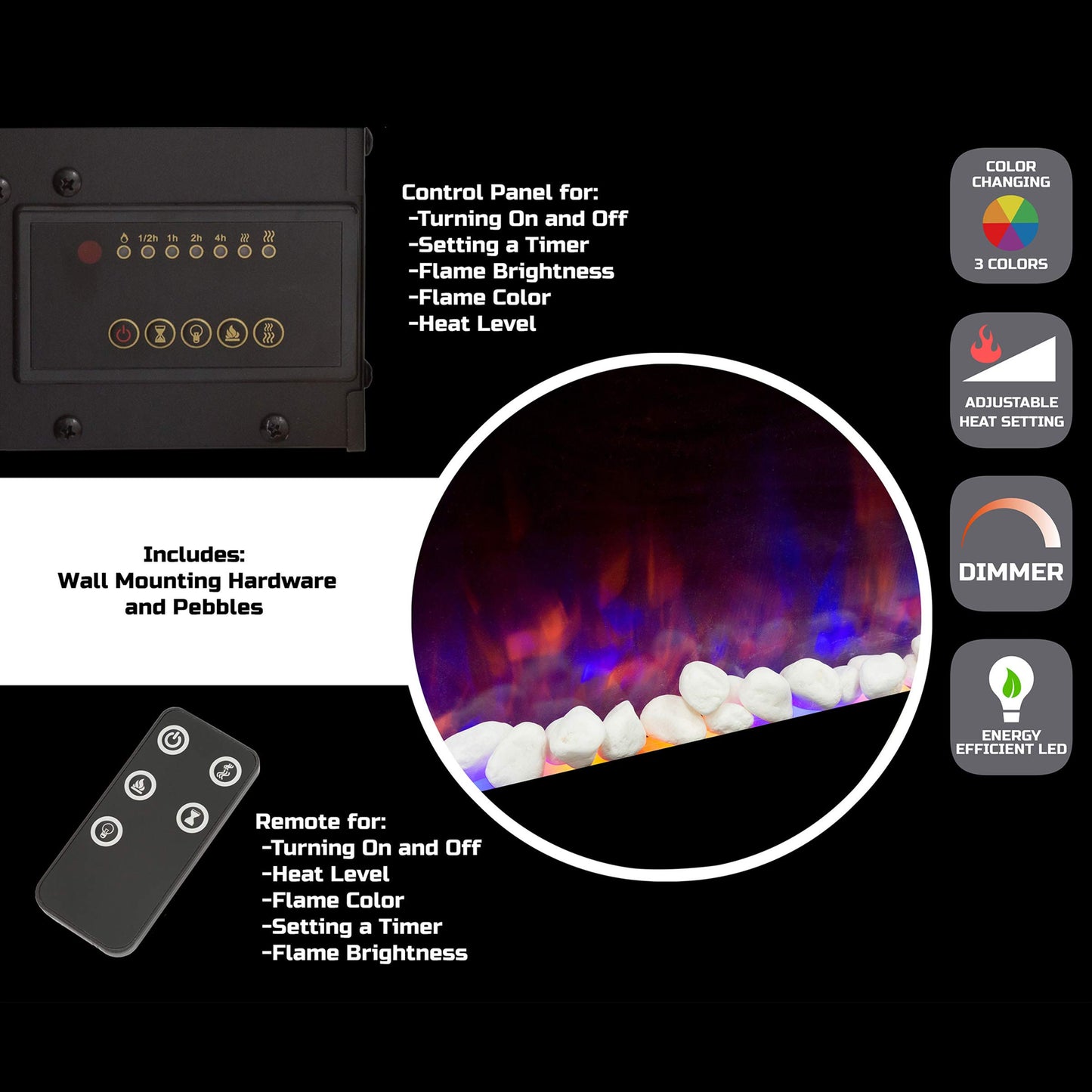 Electric Fireplace - 42 Inch Wall Mounted Fireplace Heater with Remote Control Adjustable LED Flames, Timer, Heat, and Brightness by Northwest (Black)