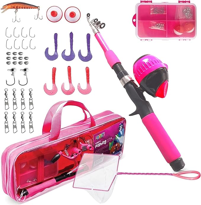 Play22 Kids Fishing Pole Pink - 40 Pc Kids Fishing Rod and Reel Combos - Fishing Poles for Youth Kids Includes Fishing Tac...