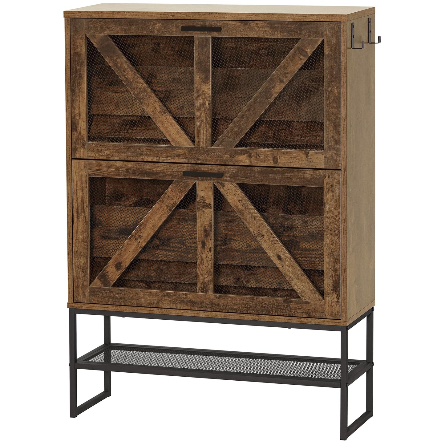 LYNCOHOME Shoe Storage Cabinet with 2 Flip Drawers, Farmhouse Shoe Organizer for Entryway/Hallway, Freestanding Shoe Rack Cabinet with Wire Netting and Steel Legs, Rustic Brown