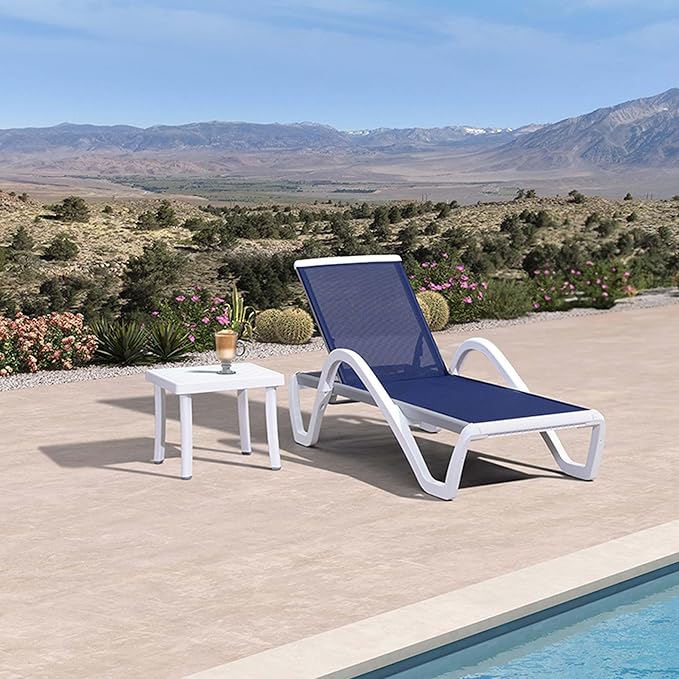 PURPLE LEAF Patio Chaise Lounge Chair Set Outdoor Plastic Textilene Lounger with Side Table 6 Adjustable Positions Sun Bathing Tanning Recliner for Pool Outside Beach in-Pool Lawn Poolside, Navy Blue