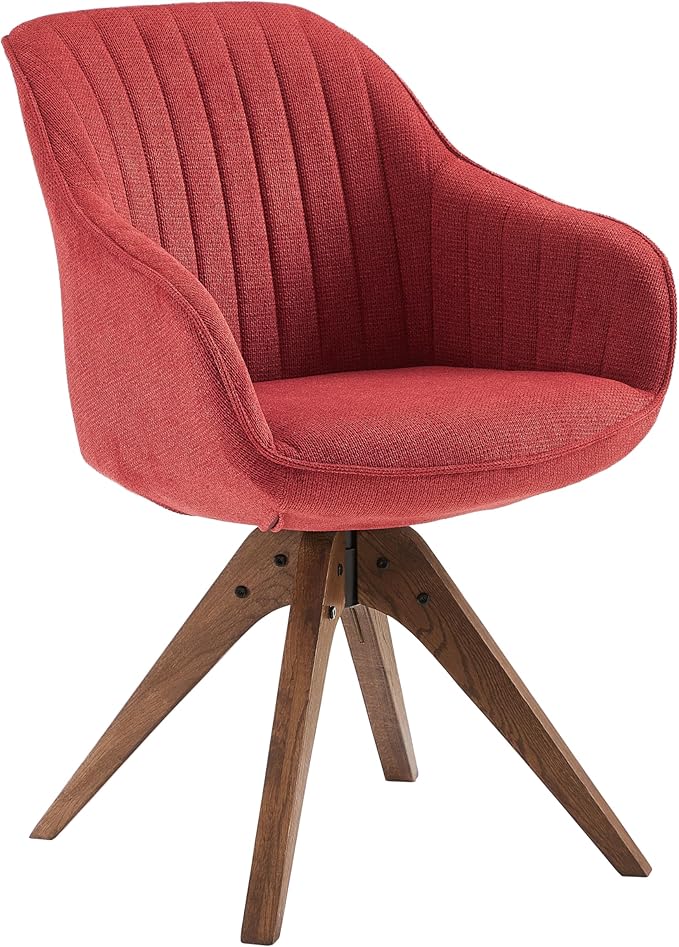 Art Leon Dining Chair - Mid Century Modern Fabric Upholstered Swivel Dining Room Chair with Wood Legs, Leisure Side Chair with Arms for Living Room, Red
