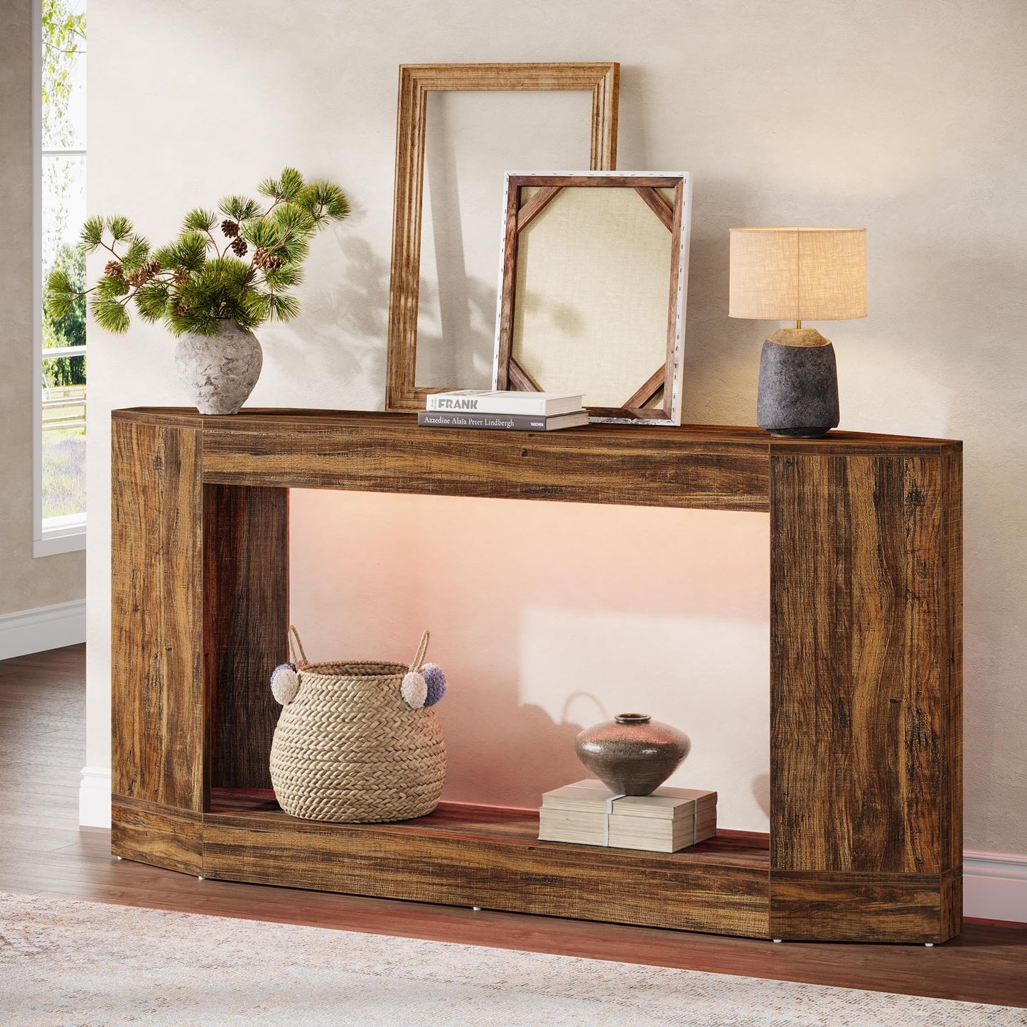 Tribesigns 63" Light Wood Console Table with LED, Sofa Table Behind Couch, Entryway Hallway Foyer Display, Long Narrow Design for Living Room (1, Brown)