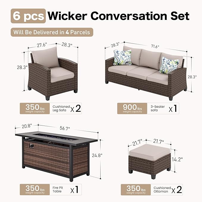 SUNSHINE VALLEY Patio Furniture Set Outdoor Furniture Brown Wicker Rattan Patio Conversation Sets with Cushion Outside Sofa Set,6 Pieces with Rectangular Firepit Table,7 Seats,Beige