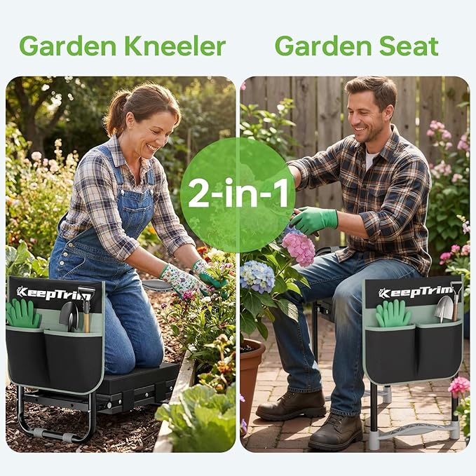 KeepTrim Garden Kneeler and Seat, Foldable Ergonomic Kneeling Bench with Tool Pouch 400 Lbs Heavy Duty 2-in-1 Comfortable Cushioned Kneeling Chair for Gardening Yard Work (Black)