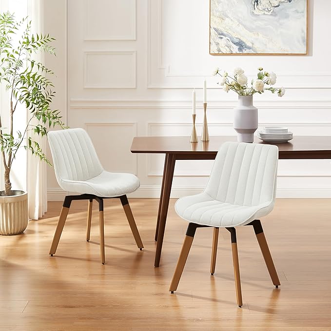 Art Leon Dining Chairs Set of 4, Mid Century Modern Swivel Dining Room Chairs, Fabric Upholstered Armless Side Chairs with Wood Legs for Kitchen Living Room Bedroom, Off White