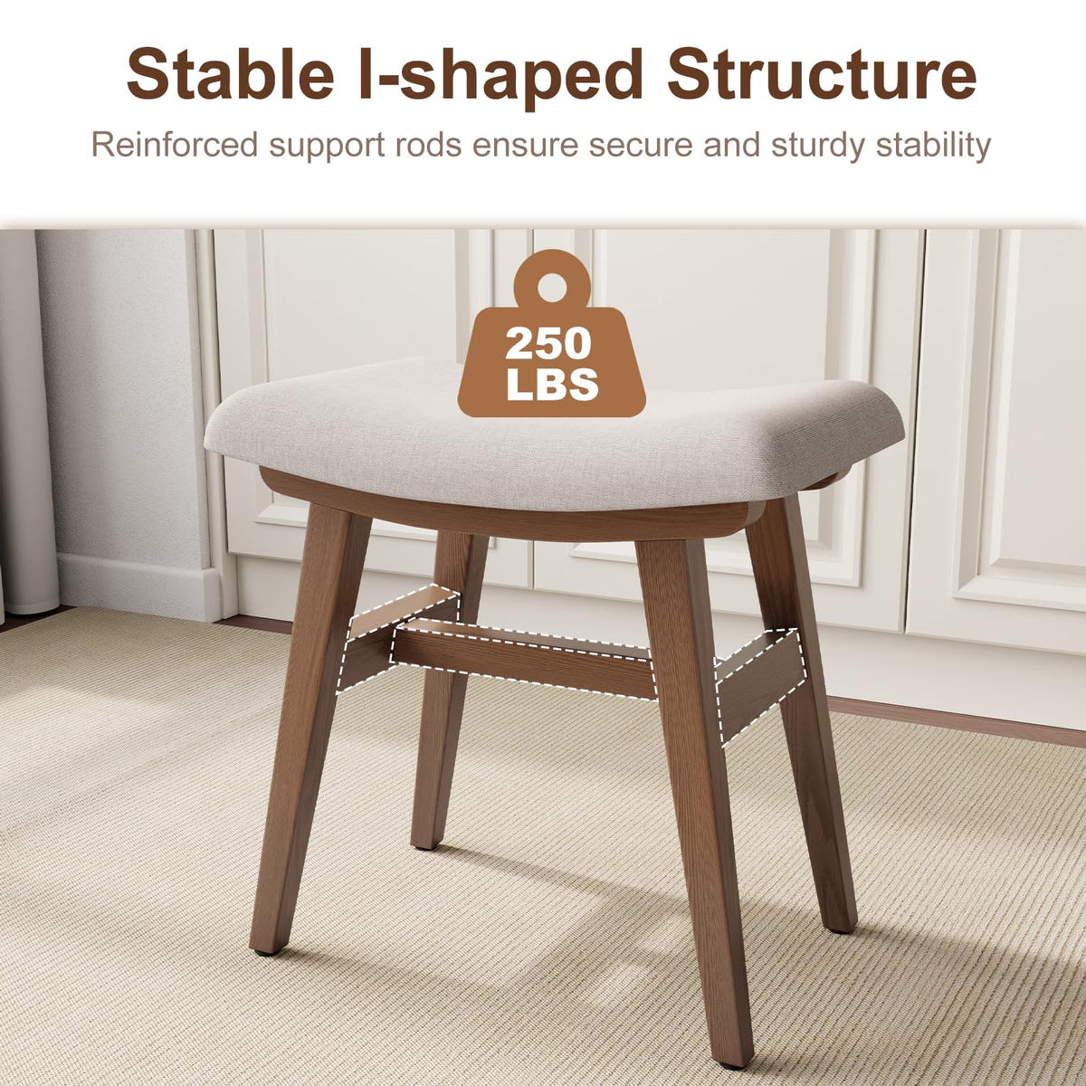 Muwuele Solid Wood Small Vanity Stool with Saddle Cushion, High-Rebound Sponge Seat, Easy Assembly Makeup Chair, Footstool for Bedroom, Entryway, Walnut
