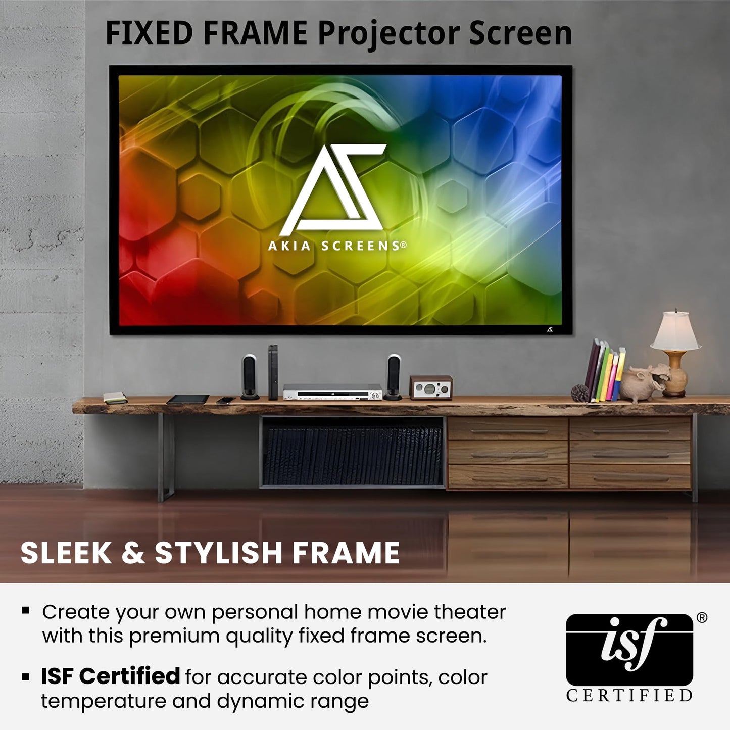 Akia Screens Fixed Frame Projector Screen 120-Inch, 16:9, Wall Mount, CINEWHITE UHD-B, 4K/8K Ready, Indoor Home Theater, AK-FF120WH2