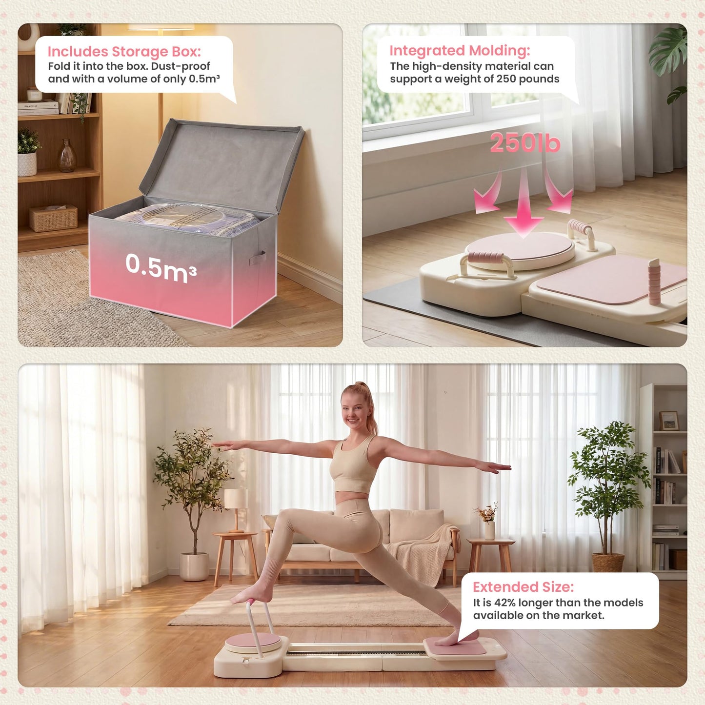 COSIEST 2026 Upgraded Pilates Board w Storage Box, 60" Extended Home Pilates Reformer, Multifunctional Core Fitness Equipment Set, Foldable Pilates Board for Abs Glutes Legs Full Body Toning, Pink