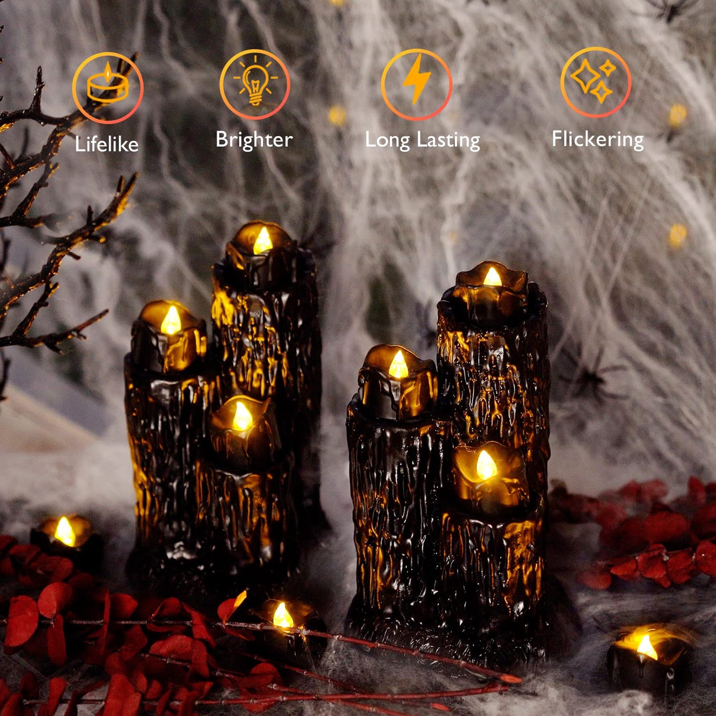 Homemory 24-Pack Melting Black Candles Battery Operated Tea Lights, Halloween Flameless Flickering Candles, Ideal for Holiday Decor, Theme Party, 1.58" Dia X 1.2''H, Warm White Glow