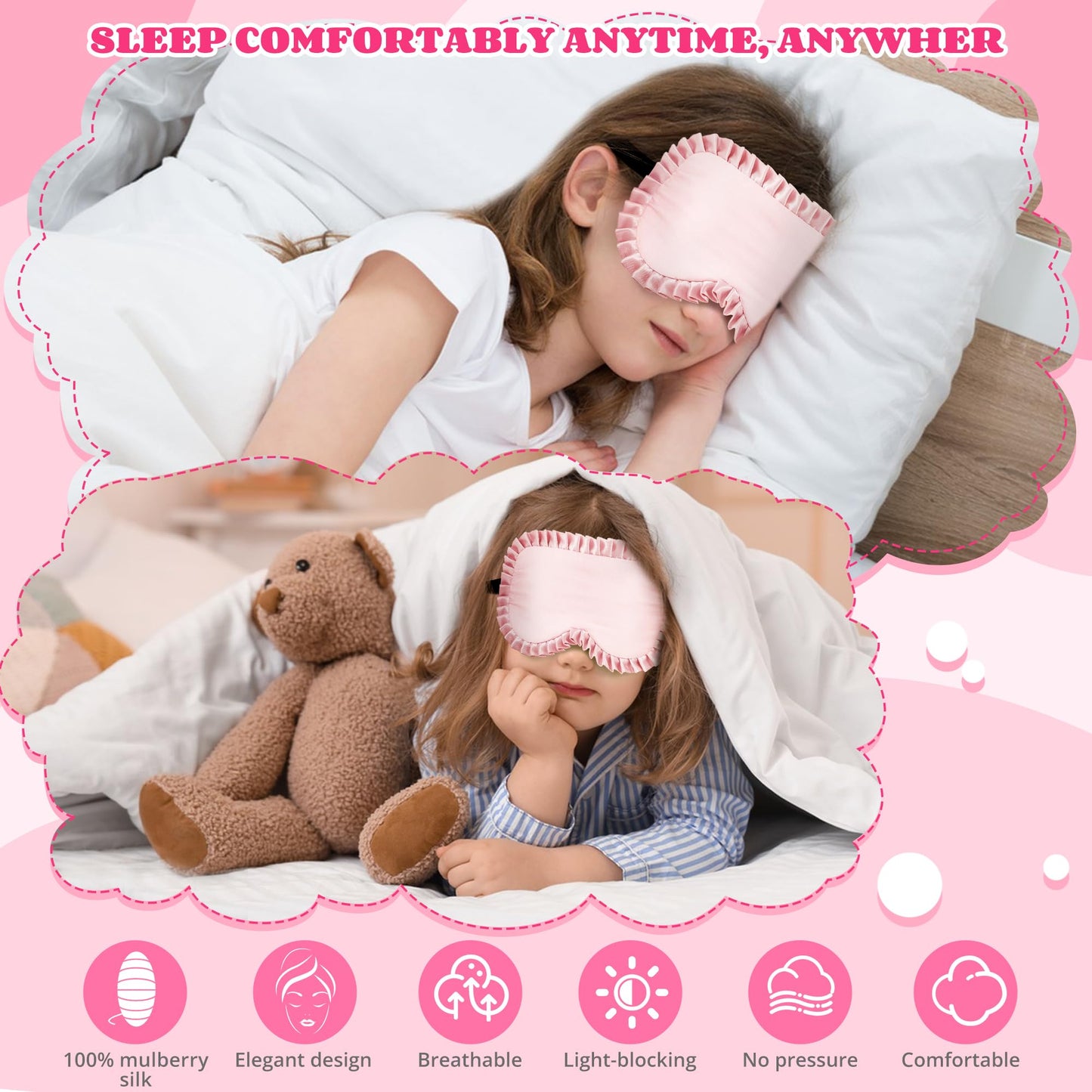 Kids Sleep Mask Eye Cover, 100% Real Mulberry Silk Sleep Mask with Adjustable Strap, Kids Blindfold for Sleeping, Boys Girls Eye Shade for Ages 5+, Soft and No Pressure (Pink)