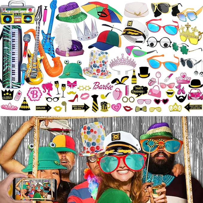 Bulk Large Premium Photo Booth Props Set for Adult Teens, Funny Hats and Large Glasses, Crystal Crown, Inflatable, Card Cu...