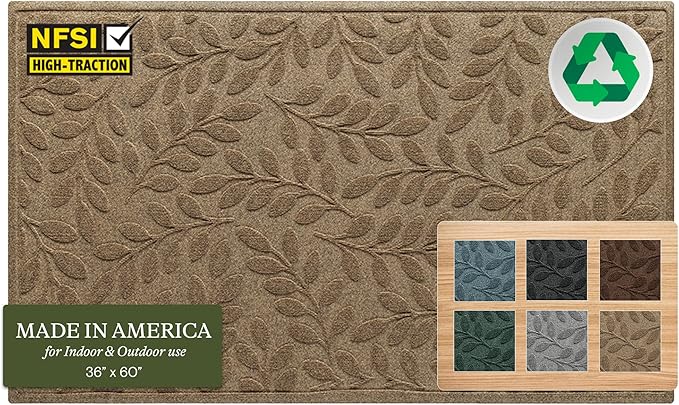 WaterHog Welcome Mat for Indoor/Outdoor, 3’ x 5’, Made in USA, Durable & Water-Resistant, Dirt Trapping Mat, Decorative Front Door and Entryway Rug, Brittney Leaf Design, Camel