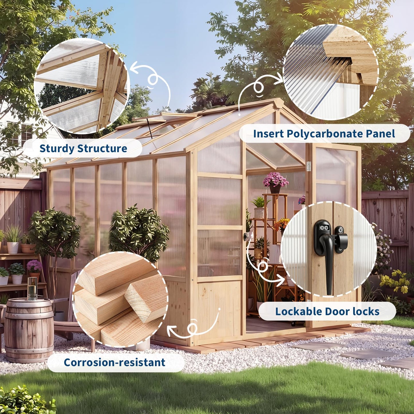 Wooden Greenhouse Kit with 4mm Polycarbonate Panels & 2 Adjustable Ventilation - Heavy Duty Wood Large Outdoor Greenhouse with Lockable Door for Garden, Backyard, Patio, Lawn Walk-in Green House