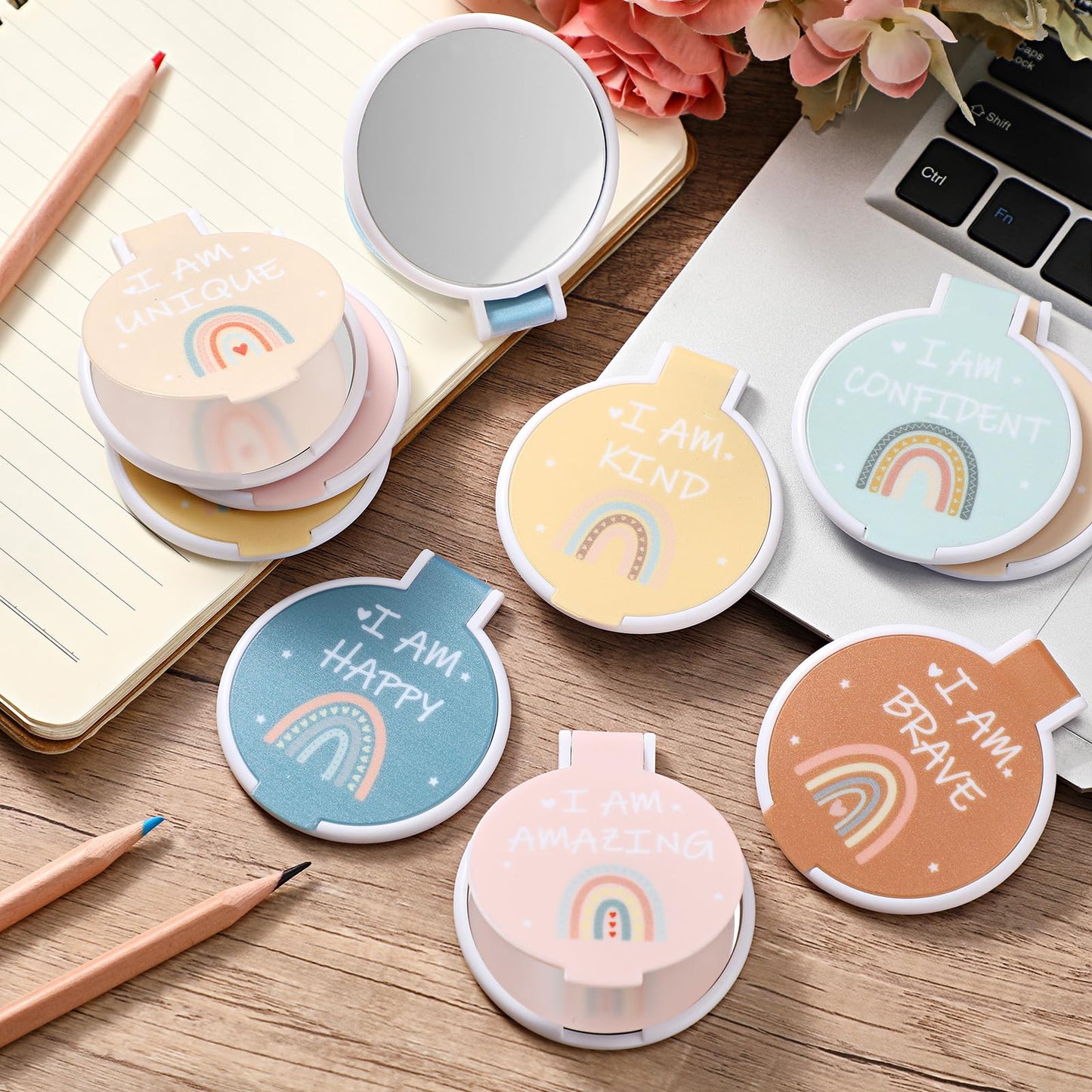 Geetery 24 Pcs Inspirational Compact Mirror Bulk Back to School Gifts Round Folding Boho Mini Pocket Rainbow Mirror for Women Po