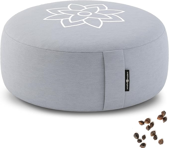 Mindful Modern Large Meditation Cushion for Zafu Yoga - Meditation Pillow for Sitting on The Floor - Buckwheat Hull Filled Yoga Cushion with Removable, Washable 100% Cotton Cover and Carry Handle