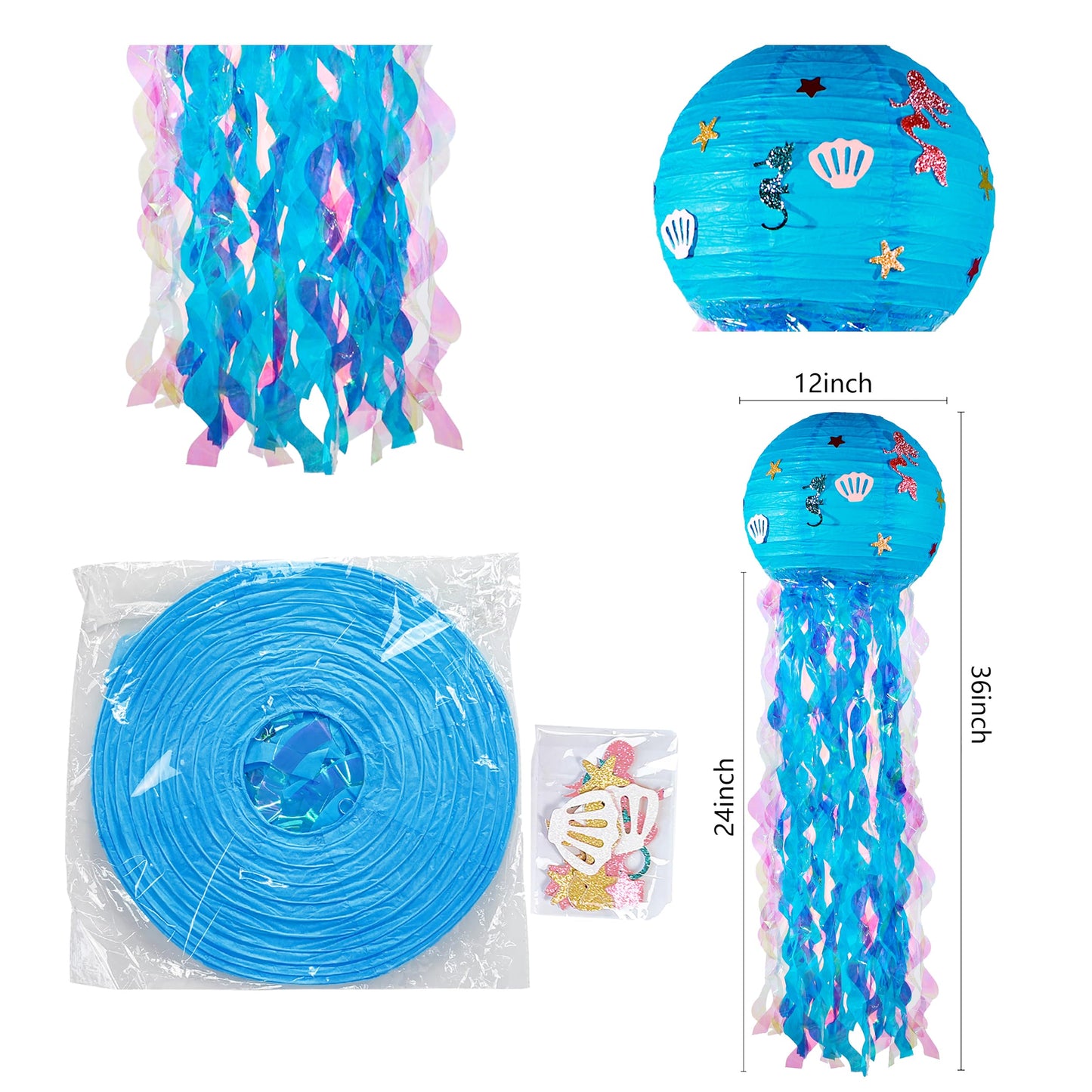 OBXT 12" Blue Jellyfish Lanterns - Mermaid Birthday Decorations, Under the Sea Party Supplies, Ocean Theme Hanging Jellyfish Decor for Classroom, Nautical Events, and Underwater Adventure (Set of 6)