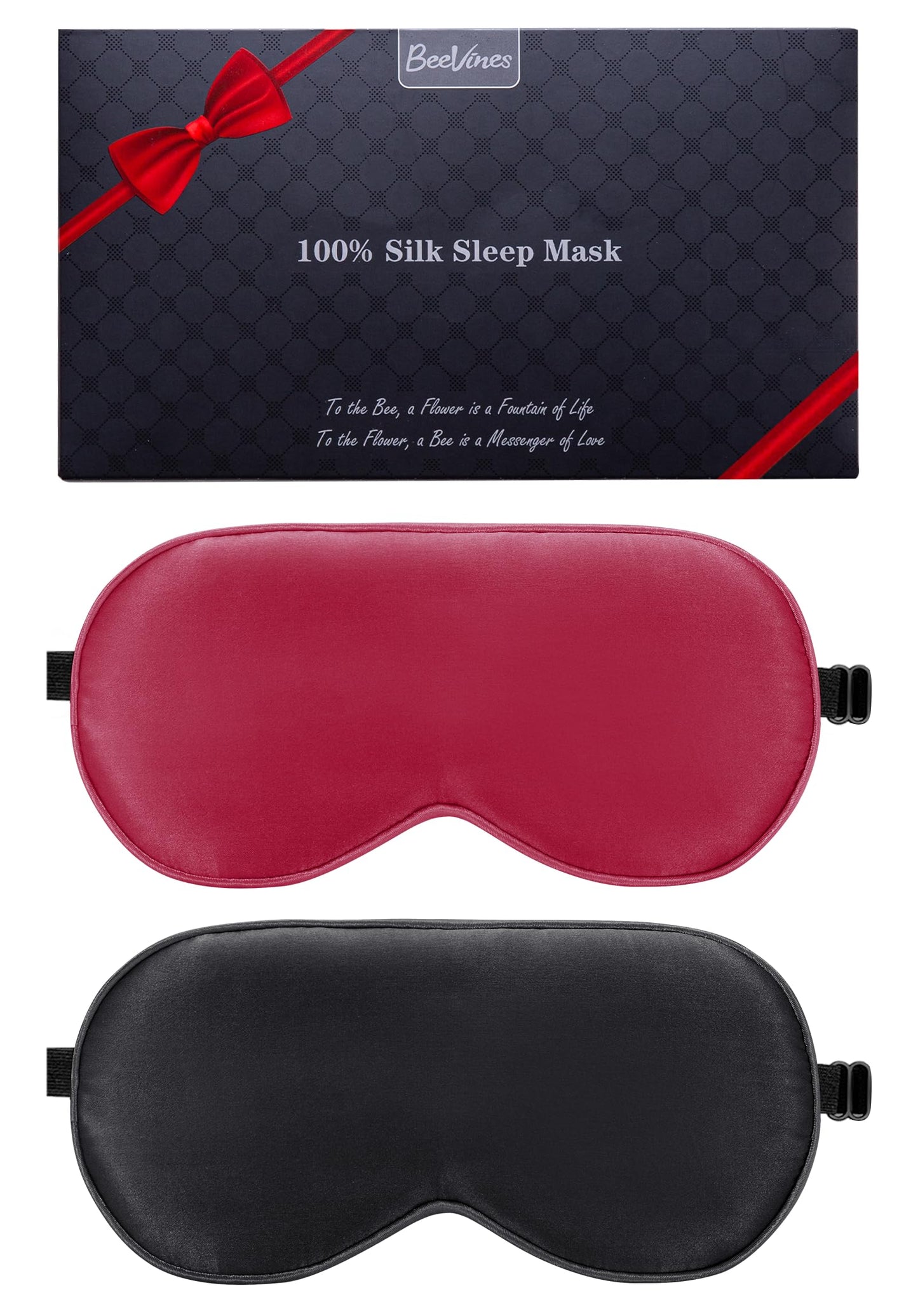 BeeVines 100% Real Mulberry Silk 2 Pack Sleep Mask, Pure Silk Eye Masks with Adjustable Strap for Sleeping, 100% Block Light Eye Shade Cover, Reduces Puffy Eyes Traveling Gifts(Black & Red)