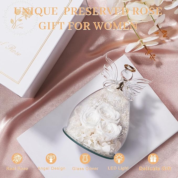 Beferr Valentines Day Rose Gifts for Her Women Mom Gifts for Birthday, Fresh Flowers for Delivery Forever Preserved Rose in Glass Angel Figurine, for Grandma Wife Daughter Girlfriend