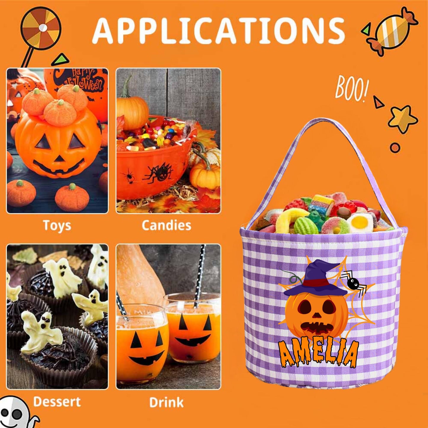 Personalized Halloween Basket,Trick or Treat Basket with Name,Custom Gingham Bag, Halloween Bucket Tote, Ghost Design Trick or Treat Bucket for Kids