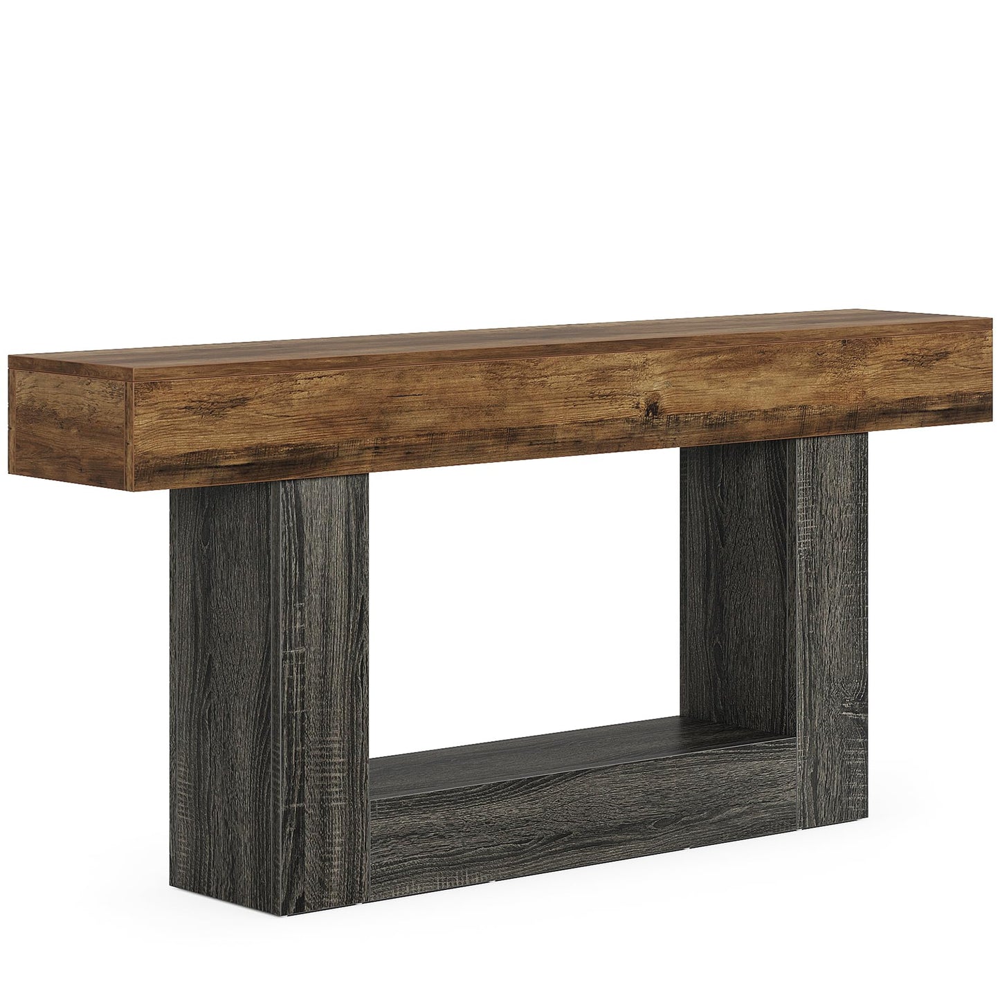 Tribesigns 63" Console Table, Farmhouse 2-Tier Entryway Table with U-Shaped Base, Narrow Long Wood Sofa Table Behind Couch Table for Living Room, Hallway, Foyer, Vintage Brown & Gray